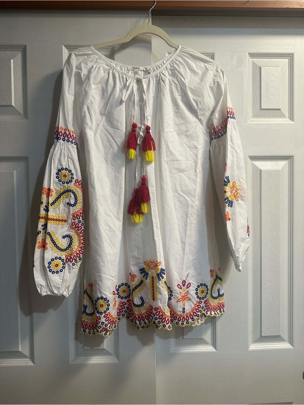 Aratta White Embroidered Mini Dress with Red & Yellow Tassels
